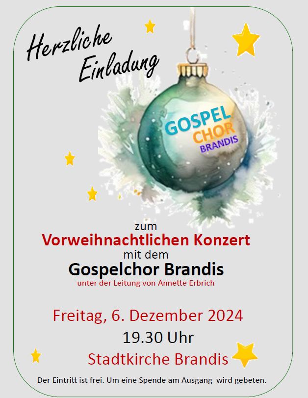 Weihnachtskugel, der Aufschrift Gospelchor Brandis und Einladungstext zum Weihnachtskonzert 2024